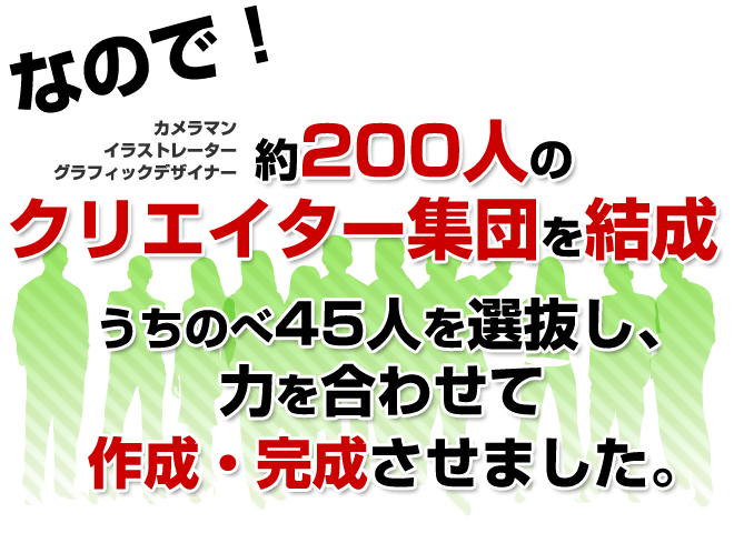 なので!カメラマン、イラストレーター、グラフィックデザイナー約200人のクリエイター集団を決済。うちのべ45人が参加し、力を合わせて作成、完成させました