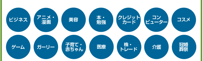 ビジネス、アニメ漫画、美容、本勉強、クレジットカード、コンピューター、コスメ、ゲーム、ガーリー、子育て赤ちゃん、医療、株・トレード、介護、冠婚葬祭